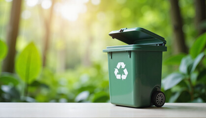 Recycling bin with open lid placed on wooden table in a lush green forest background, promoting environmentally friendly waste management concept for recycling companies, eco-friendly services