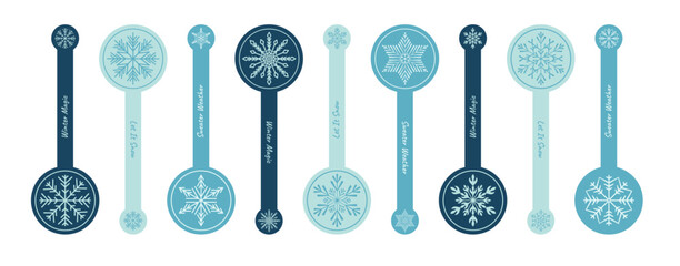 Set of winter snowflake sticker labels in round blue and navy outline icons. Ornamental holiday package seal for xmas box and gift, each circle label adds seasonal snow flake charm.