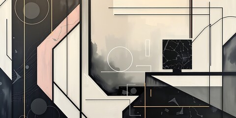 A modern, sleek, and highly detailed abstract piece with geometric shapes, subtle pink accents, and dynamic lines. The style is reminiscent of a futuristic or architectural design, with a sophisticate