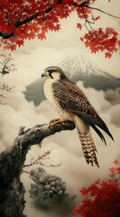 A painting of a peregrine falcon perched on a Japanese maple branch with red leaves. Mount Fuji is visible in the misty background, in a traditional Japanese art style.