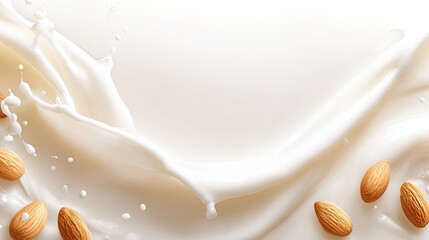 Smooth almond milk splashes artistically, surrounded by scattered almonds, creating a visually pleasing, creamy background ideal for food blogs, health products, or beverage advertisements,