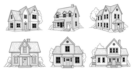 Six detailed line drawings showcasing various residential house designs and architectural styles
