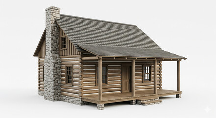 Charming rustic wooden log cabin with a stone chimney and porch, isolated transparent background.