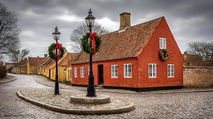 Charming scene of a quaint village street featuring red and yellow houses adorned with wreaths, creating a picturesque holiday atmosphere, Ideal for travel articles, seasonal marketing