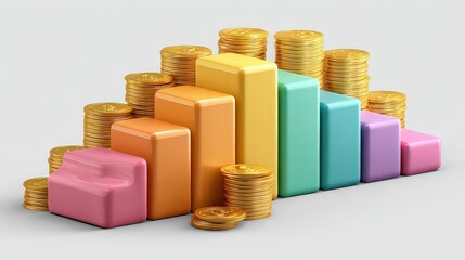 Colorful bar graphs with golden coins depict financial growth and investment, This image is ideal for business presentations, financial reports