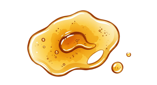 Puddle of viscous amber fluid with bubbles sits on stark isolated background, featuring a glossy texture.