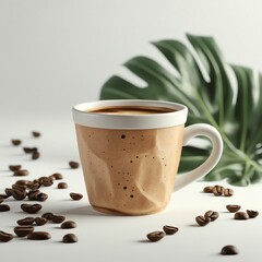 A cup of coffee with coffee beans scattered around it