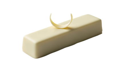 Rectangular cake is topped with a curved chocolate piece over a isolated background.