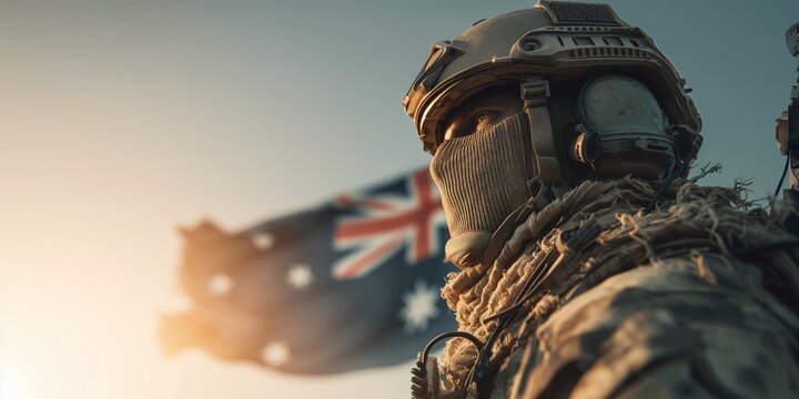 A soldier in tactical gear gazes resolutely, the Australian flag patch visible on their uniform. The image evokes duty, national pride, and unwavering determination in the field.