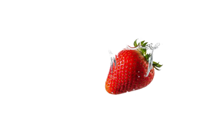 Strawberry is being splashed with water against a stark isolated background, creating dynamic highlights and reflections.