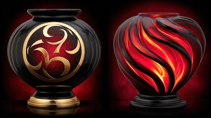 Two striking decorative vases are showcased against a dark backdrop, one adorned with intricate designs and the other featuring swirling patterns, Perfect for home d&Atilde;&copy;cor, art displays