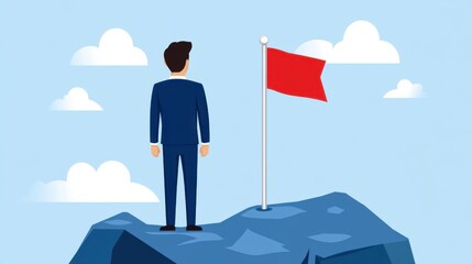 Obraz premium Businessman Standing on Mountain with Red Flag Against Blue Sky Background