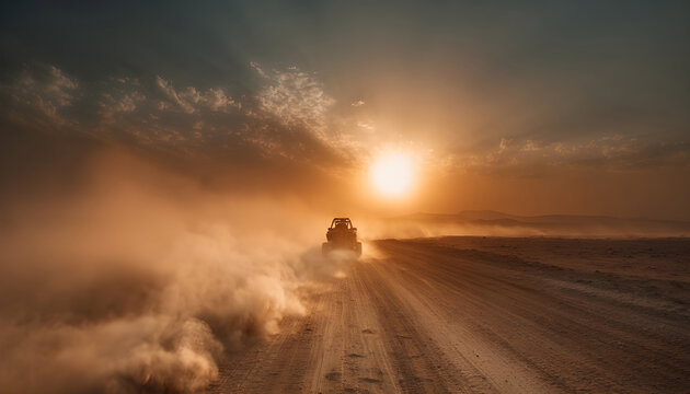 Buggy and motorbike ride across sandy road at sunset with dust clouds symbolizing endurance speed freedom adventure exploration resilience and the raw challenge of motorsport in vast wilderness