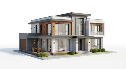 Contemporary Two Story House Exterior Architecture with Concrete, Wood, and Glass Elements in Bright Studio Background
