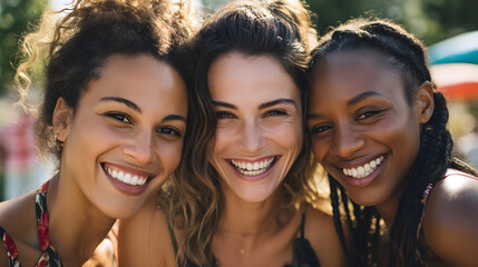Fototapeta premium Three diverse women smiling together outdoors, showcasing friendship and joy in a vibrant setting