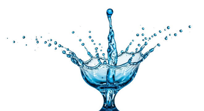 Water bursts from a glass in a crown like pattern with droplets scattered around on a isolated background.