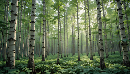 Fototapeta premium Sunlit Birch Forest with Lush Green Undergrowth.