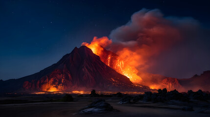 Fototapeta premium Erupting volcano at night with glowing lava and smoke against starry sky backdrop