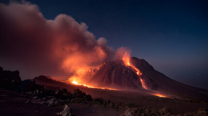 Fototapeta premium Erupting volcano at night with glowing lava and dramatic smoke clouds in the sky