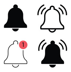 Bell notification icons front view, solid outline ringing alert styles, red badge symbol, UI interface element, digital communication illustration