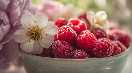Fresh raspberries in a bowl surrounded by delicate flowers showcasing vibrant colors and textures
