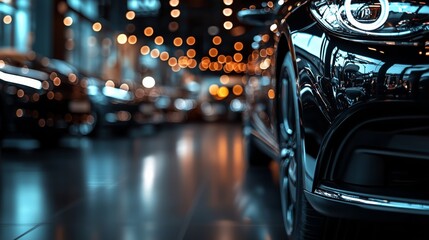 A car showroom with a row of shiny, new cars on display. Dealership, car sales. The image captures the hustle and glow of urban life.