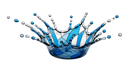 Water splashes into a crown shape with blue and geometric patterns on a isolated background.