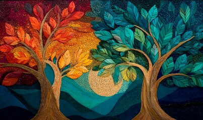 Layers of textured stone and glass form radiant halos of foliage and twin trees of life glow gently within a quiet blue expanse