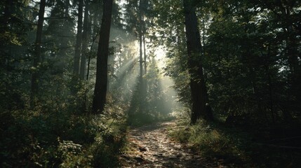 Obraz premium Sunbeams piercing a misty forest path