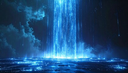 A vibrant digital art piece depicting a beam of light descending from a cloudy night sky onto an abstract, geometric surface