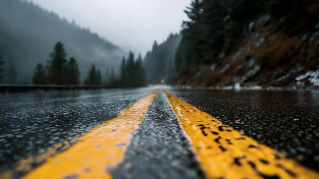 Continuous motion sequence of a rain-soaked road, highlighting yellow lines and misty forest surroundings, creating a serene atmosphere
