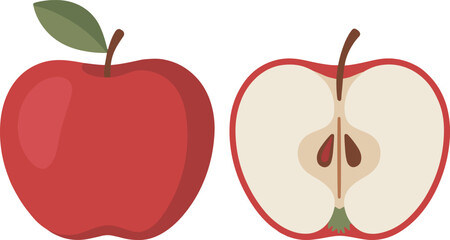 Red Apple and Half Apple Slice, Fresh Fruit Vector, Healthy Eating Icon, Whole and Cut Apple, Organic Produce, Natural Food, Kitchen Ingredient, Vitamin Rich