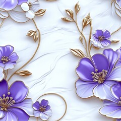Seamless 3D floral ornament with light purple flowers and gold branches on a white marble background, with volumetric embossed details