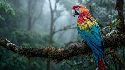 Obraz premium Colorful parrot in a misty rainforest