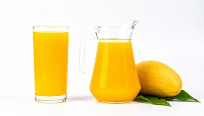 Yellow Mango Juice in Glass Isolated on White Background for Tropical Beverage Object and Fresh Fruit Drink Concept