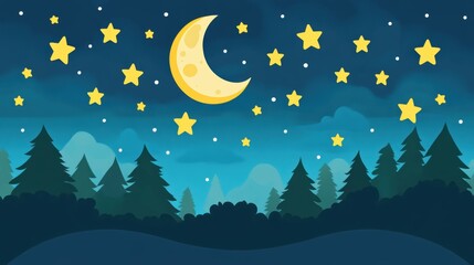 Night Sky with Bright Yellow Moon and Stars Over Serene Forest Landscape in Calm Blue Atmosphere Ideal for Enchanting Illustrations and Artwork
