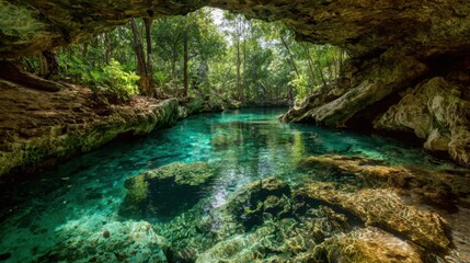 Fototapeta premium Lush cave opening into turquoise pool