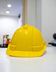 Yellow Safety Helmet for Construction Worker on Table for Premium Tool Object and Industrial Safety Concept