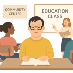 A man with Down syndrome is attending an educational class at a community center, demonstrating inclusivity for people with disabilities