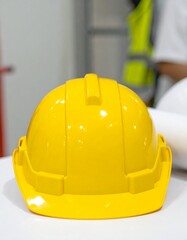 Yellow Safety Helmet for Construction Worker on Table for Premium Tool Object and Industrial Safety Concept