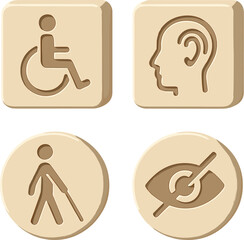 D rendering of disability icons etched onto plastic cubes and circles
