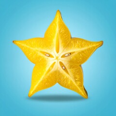 Yellow Starfruit with Unique Shape and Juicy Texture Isolated on Blue Background for Exotic Tropical Fruit Object and Healthy Food Concept