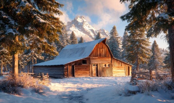 Rustic barn in snowy mountain landscape