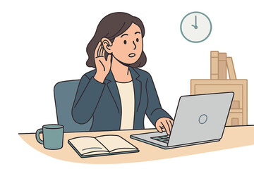 A deaf businesswoman uses a hearing aid to stay productive in her office, while a young female employee listens to information indoors, highlighting healthcare, senses, and listening