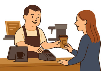 A man with Down syndrome is serving a female customer at the coffee shop checkout