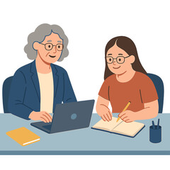 Fototapeta premium Two women working together in the office: a mature woman and a girl with Down syndrome, collaborating inclusively