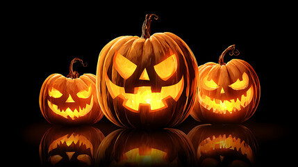 Fototapeta premium Three intricately carved Halloween pumpkins glowing against a black background, evoking festive spirit