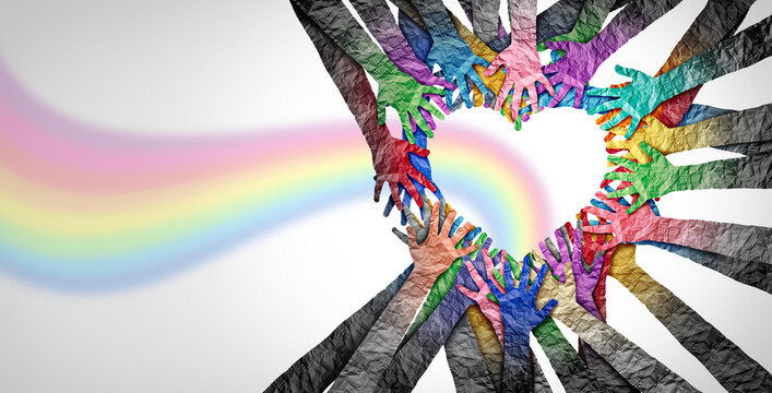 Diverse People United and diversity with unity partnership as heart hands in a group of different people connected together with a spectrum rainbow for Autism or special education symbol. - Powered by Adobe