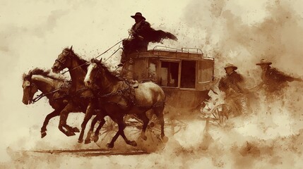digital painting of a cowboy riding stagecoach chased by bandits, sepia cinematic tones, sand and dust splatter, vintage wild west action