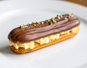 French Chocolate &Eacute;clair Pastry with Cream Filling Served on White Plate for Premium Dessert Object and Gourmet Food Concept
